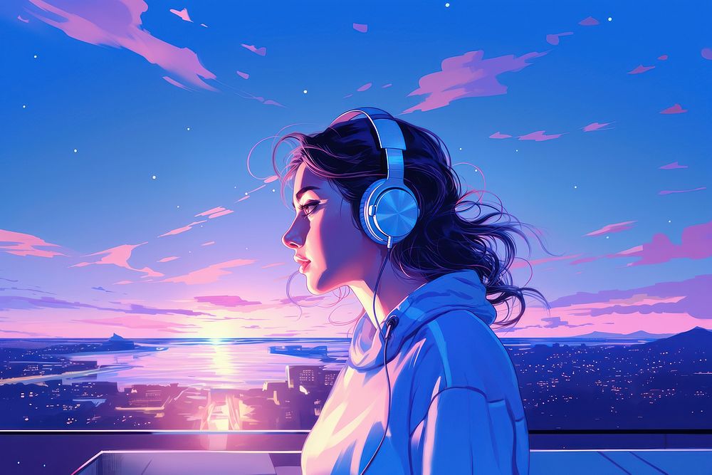 A girl student wearing earphones sky headphones outdoors.