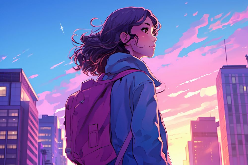 A girl student walking in the street adult anime city.