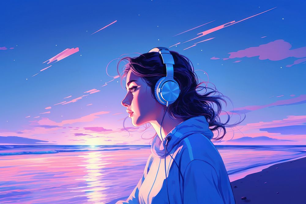 A girl student wearing earphones beach adult blue.