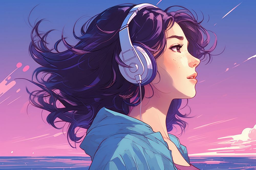 A girl student wearing earphones purple adult anime.