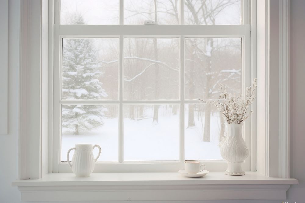 A framed picture of a snowy window windowsill white.