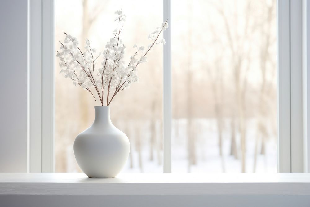 A framed picture of a snowy window vase windowsill.