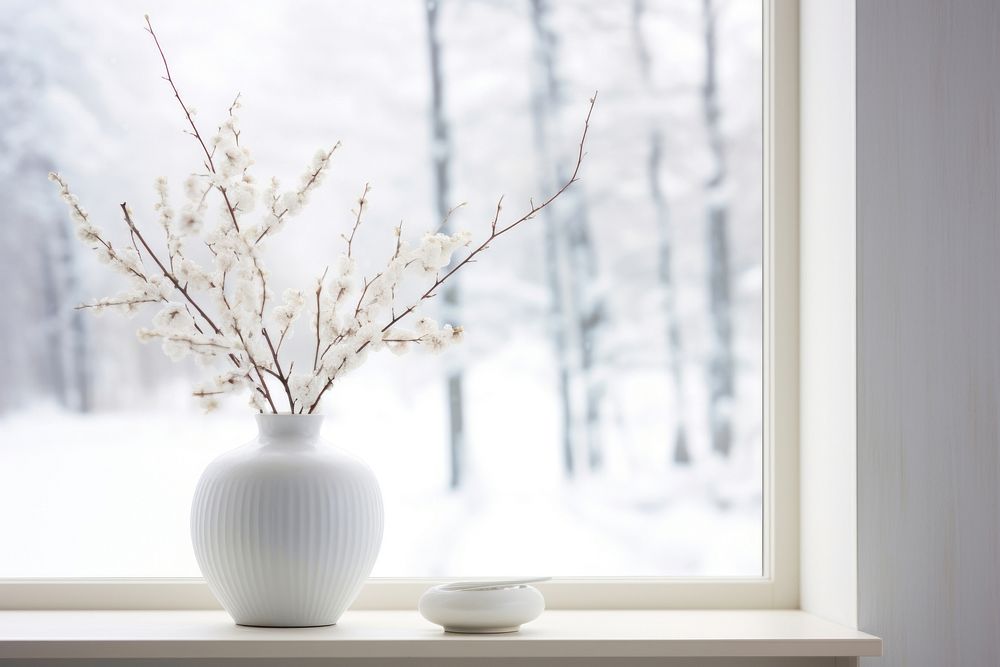 A framed picture of a snowy window windowsill table.