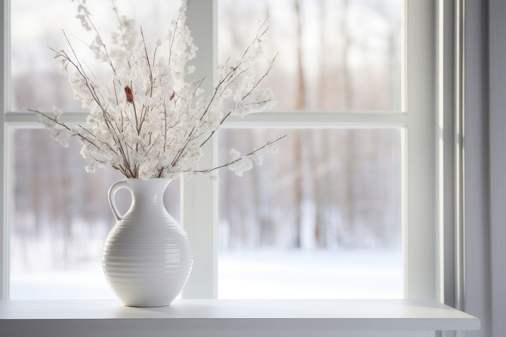 A framed picture of a snowy window vase windowsill.