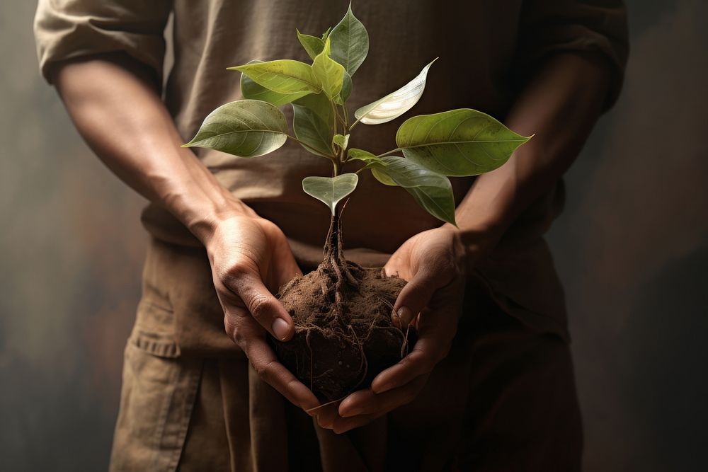 A person holding a plant gardening planting nature.