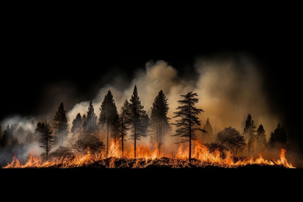 Forest fire burning landscape destruction tranquility.