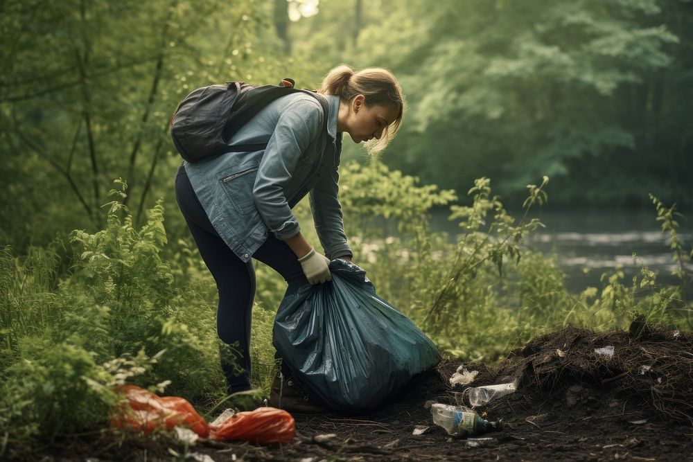 Environmental activist picking up garbage adult homelessness outdoors.