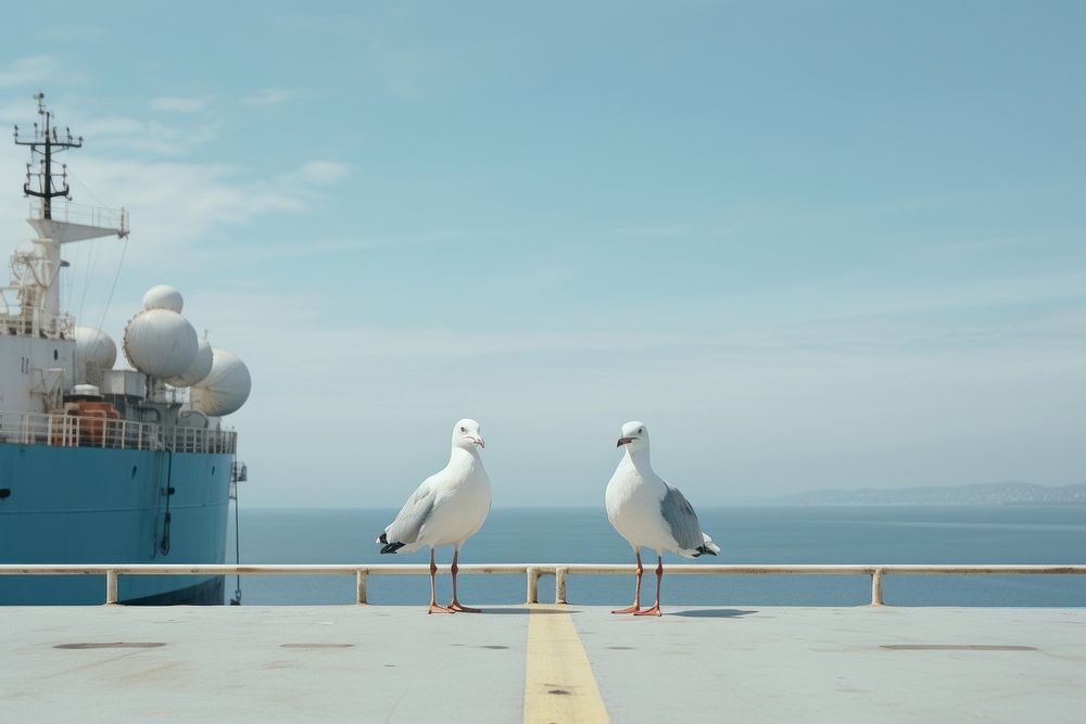 Seagulls ship outdoors vehicle.