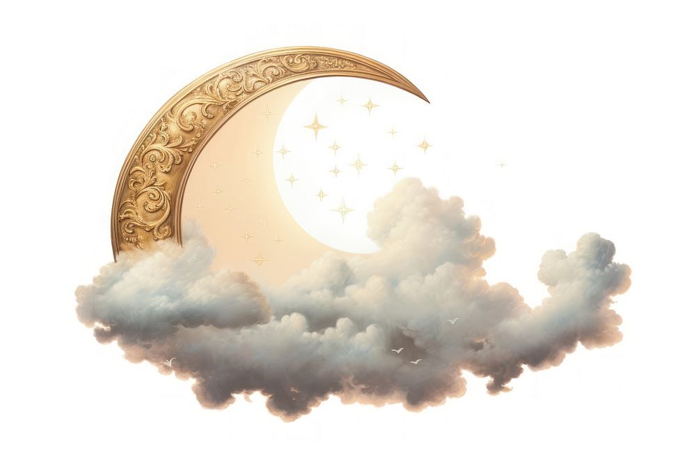 Romantic half moon on the clouds nature night white background.