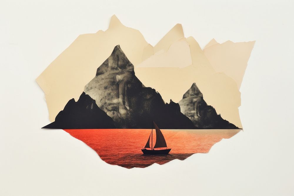Illustration on ripped paper watercraft sailboat painting.
