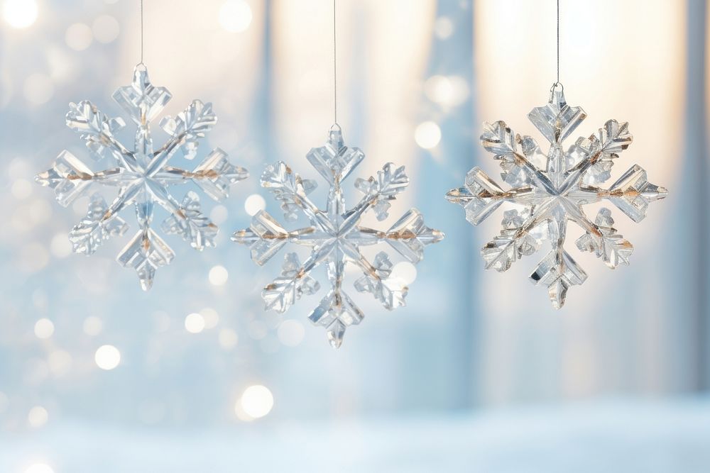 Elegant snowflakes suspended from a luminous bright light white background illuminated celebration decoration.
