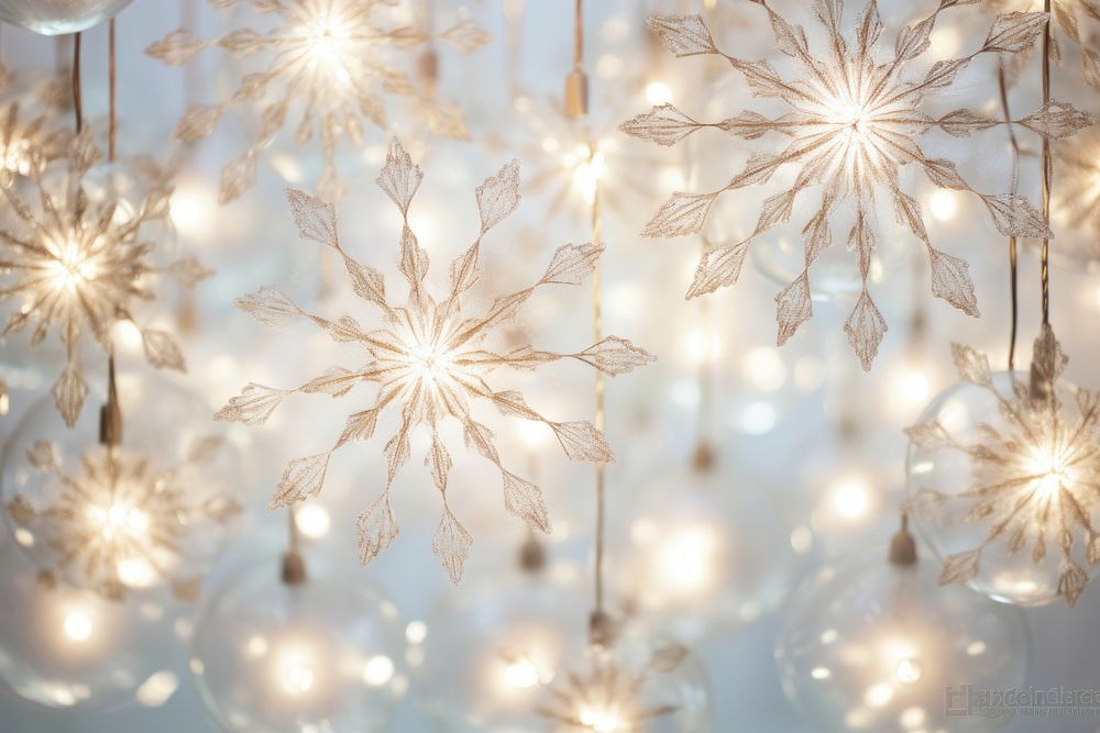 Elegant snowflakes suspended from a luminous bright light white background backgrounds chandelier illuminated.