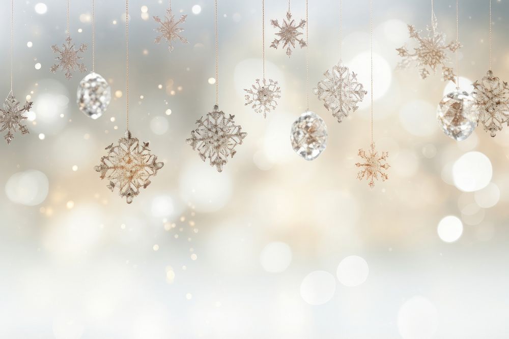 Elegant snowflakes suspended from a luminous bright light white background backgrounds gemstone illuminated.