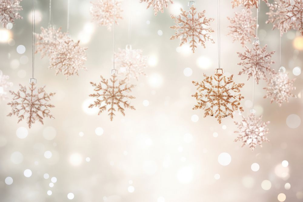 Elegant snowflakes suspended from a luminous bright light white background backgrounds nature illuminated.