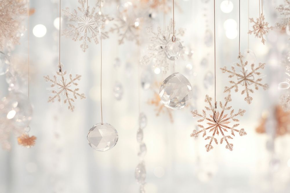 Elegant snowflakes suspended from a luminous bright light white background backgrounds gemstone illuminated.