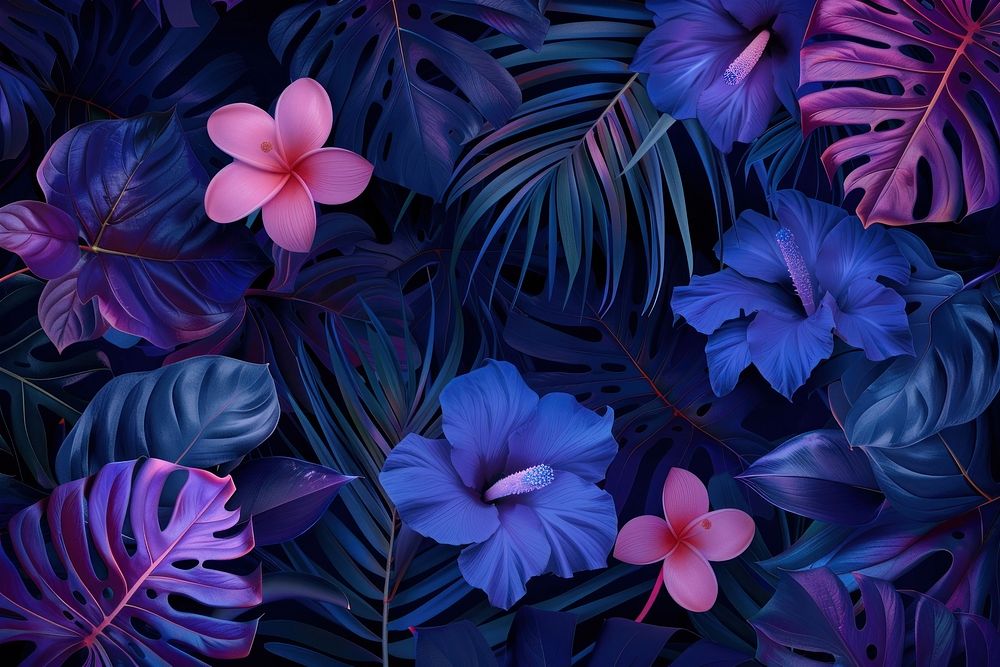 Background with hawaiian plants and flowers backgrounds tropics pattern.
