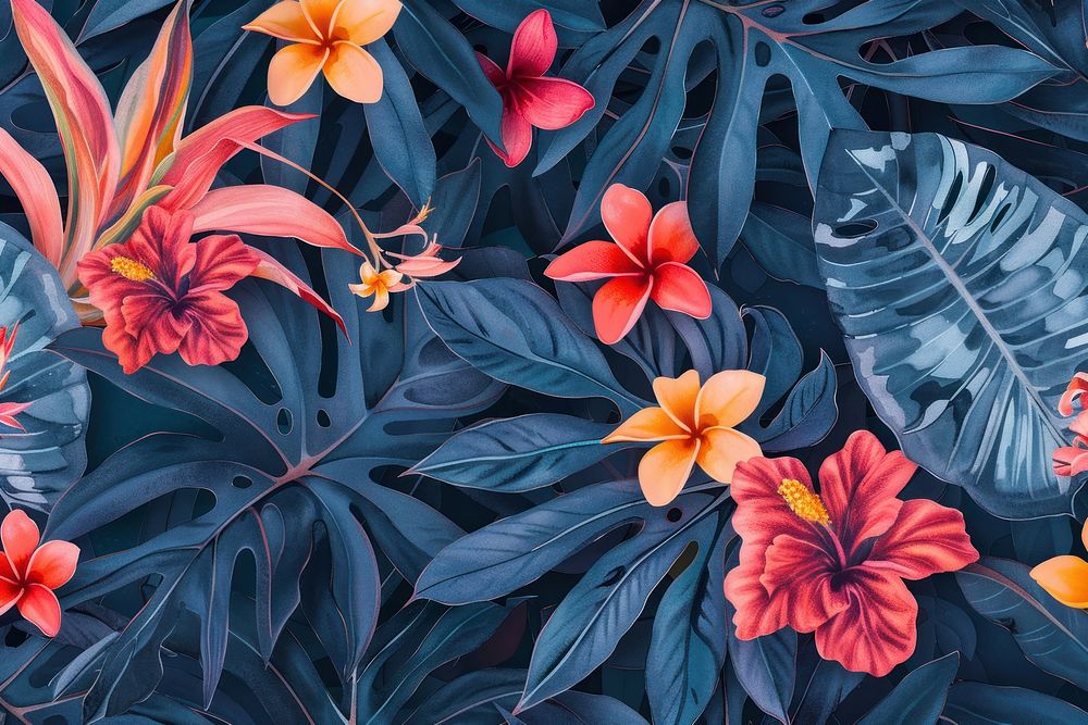 Background with hawaiian plants and flowers pattern backgrounds tropics.