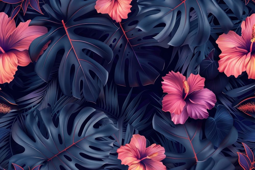 Background with hawaiian plants and flowers pattern backgrounds leaves.