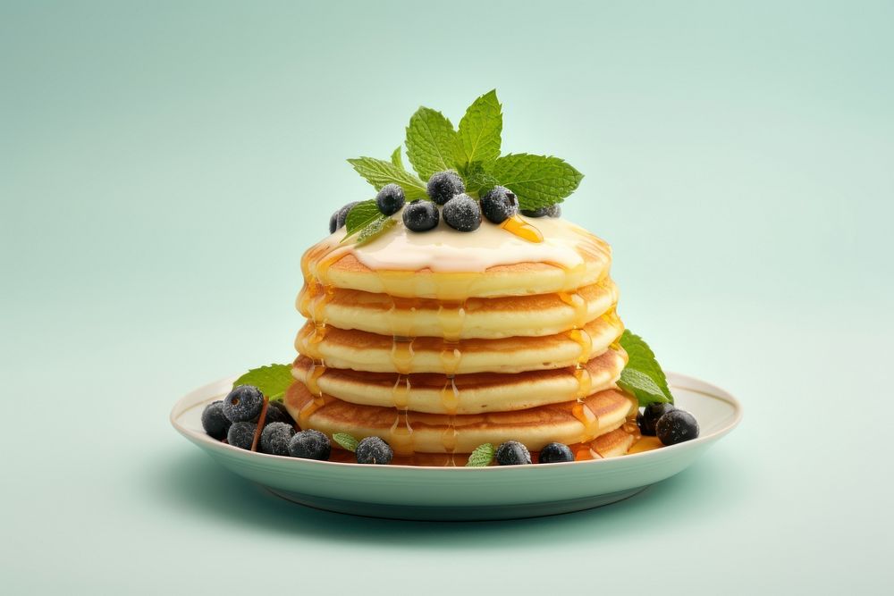 Pancakes blueberry fruit plate.