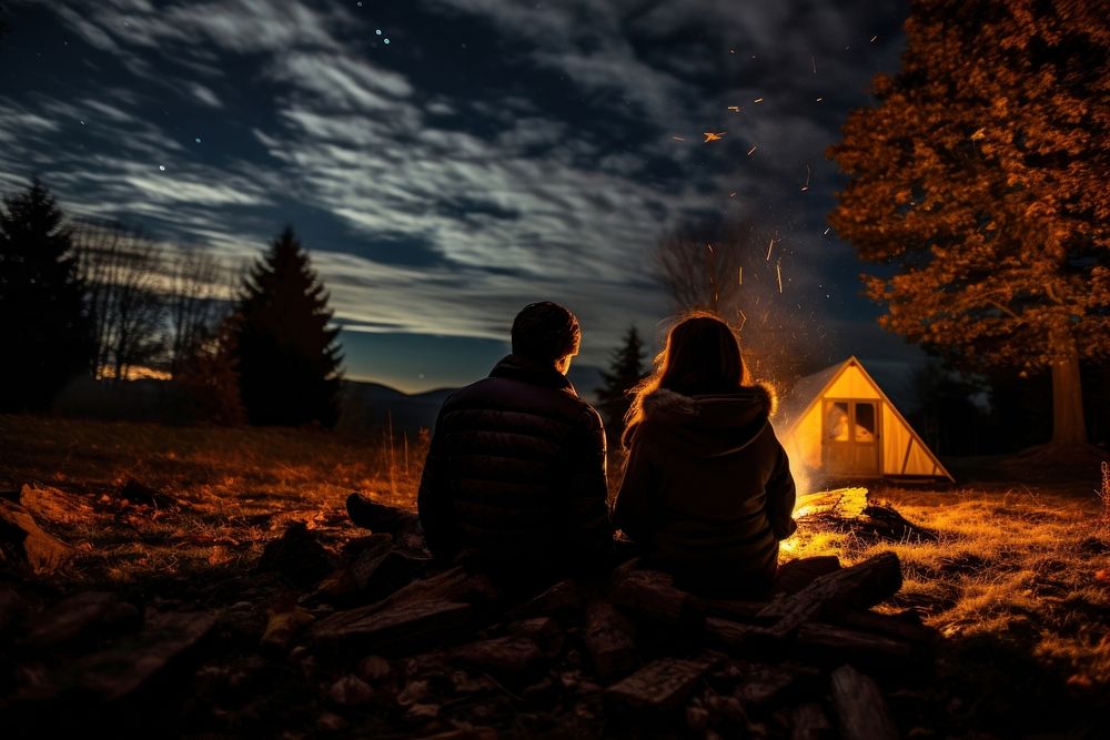Young couple camping in autumn night fire architecture.