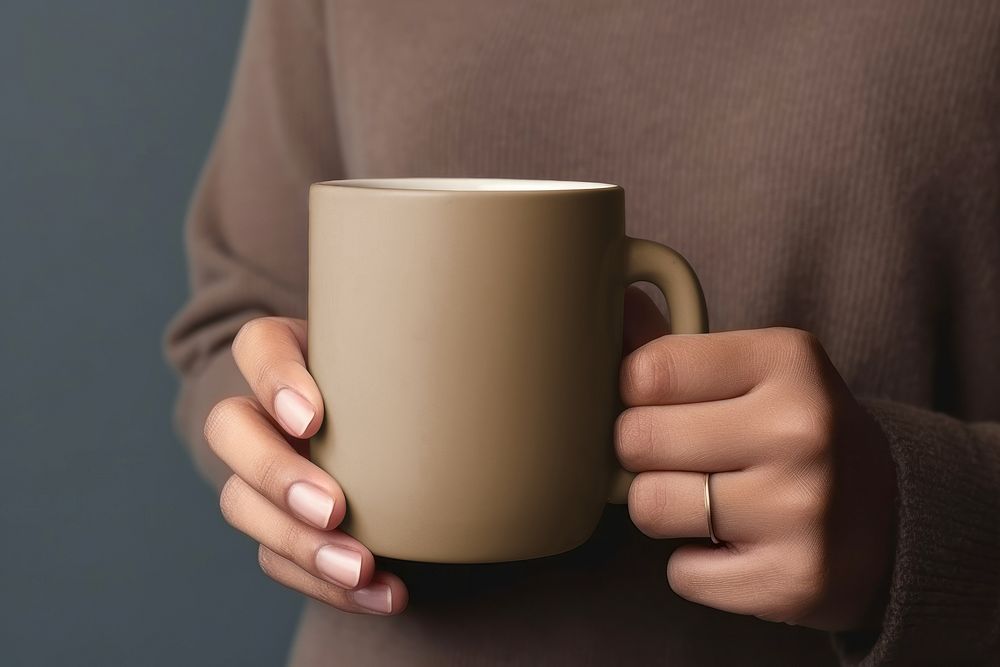 Woman holding brown coffee mug