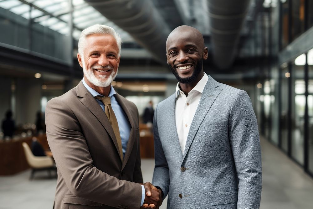 African businessmen shaking hands standing smiling blazer.