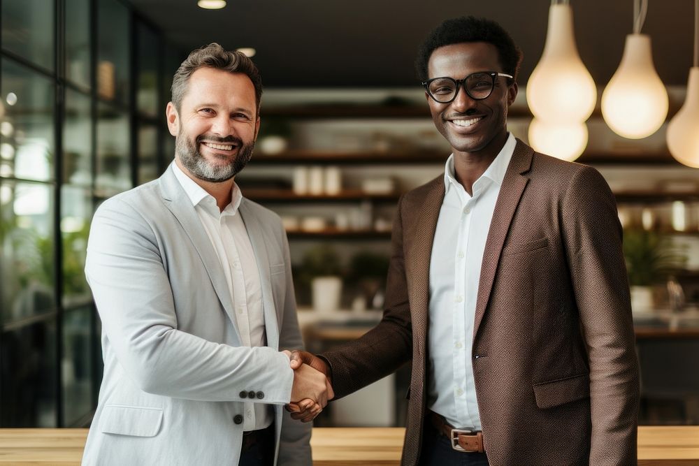 African businessmen shaking hands standing smiling office.
