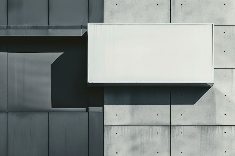 Rectangle sign hangs outside the gray concrete building architecture white wall.