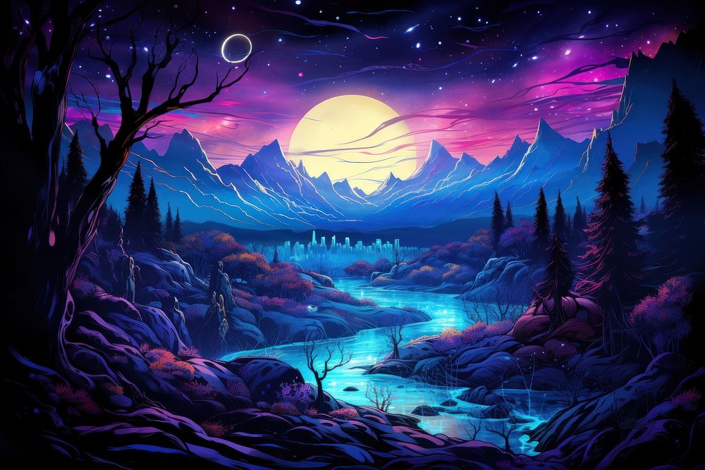 Neon landscape outdoors painting nature.