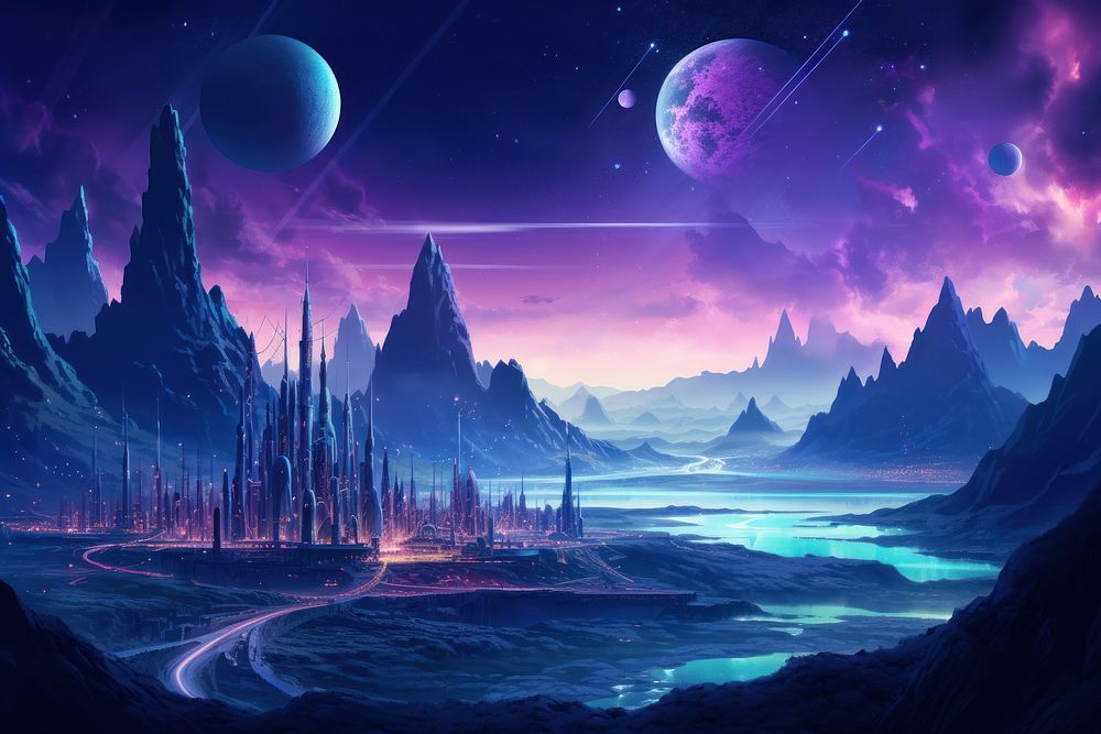 Neon sci-fi landscape astronomy panoramic outdoors.
