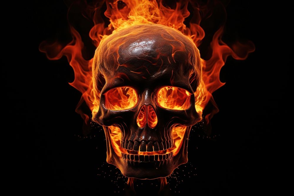 Skull fire flame black background.