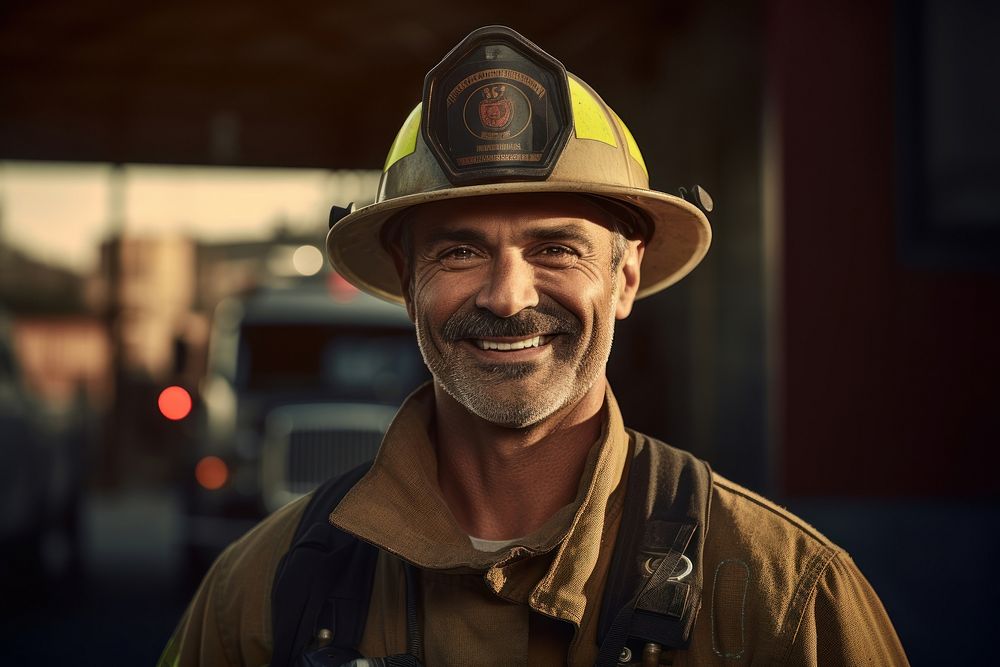 Smiling noemal middle aged firefighter helmet adult.