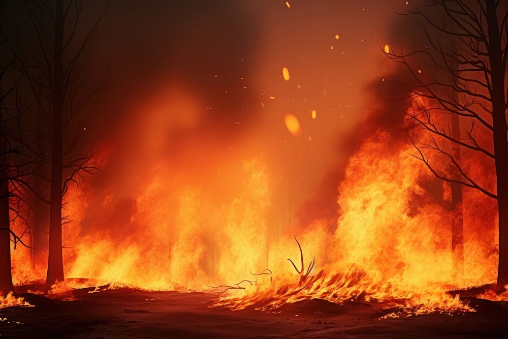 Burning wildfire bonfire destruction landscape.