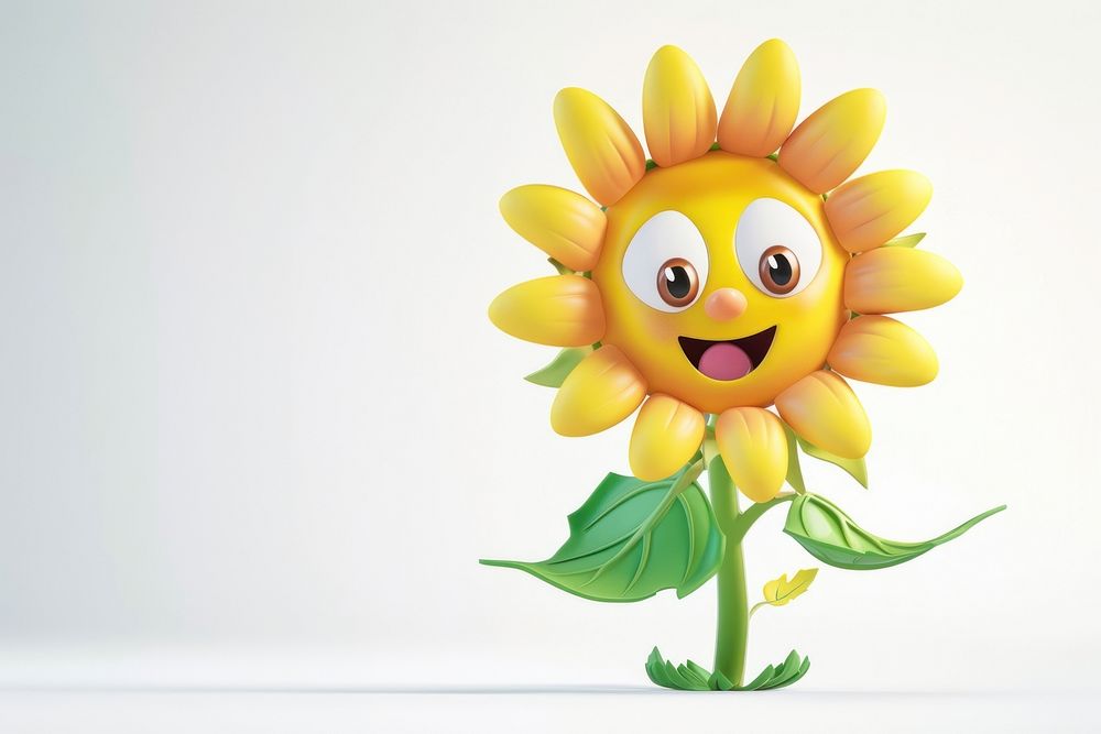 3D cute cartoon sunflower plant anthropomorphic representation.