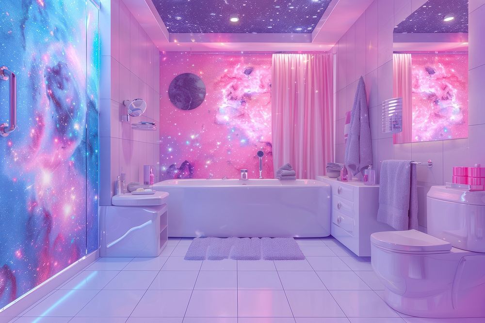 Galaxy bathroom room bathtub toilet | Free Photo Illustration - rawpixel