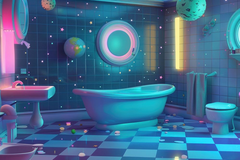 Galaxy bathroom room bathtub cartoon toilet.