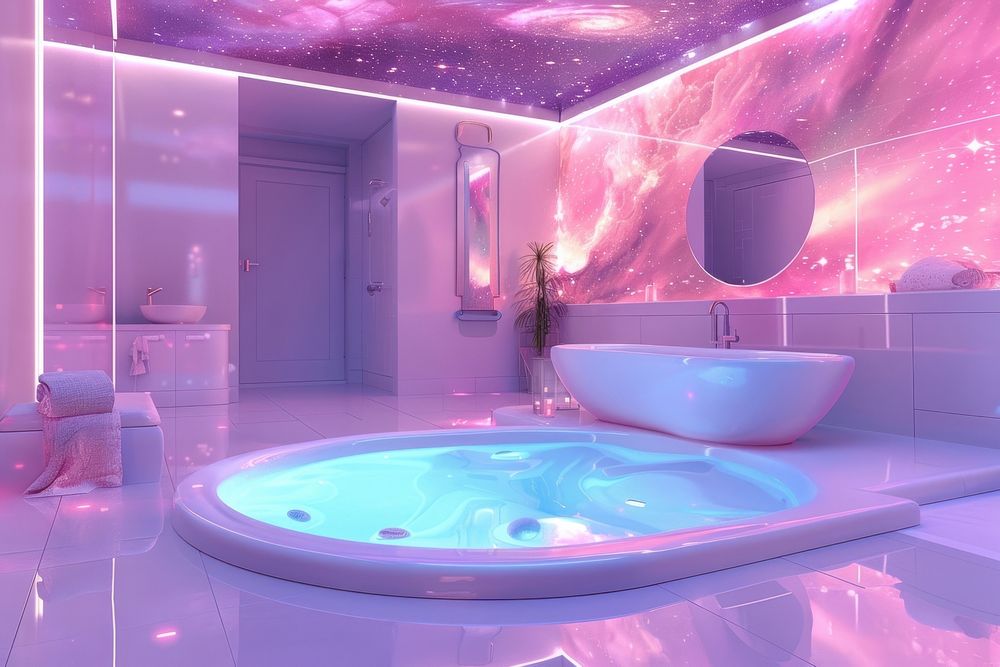 Galaxy bathroom room bathtub architecture illuminated.