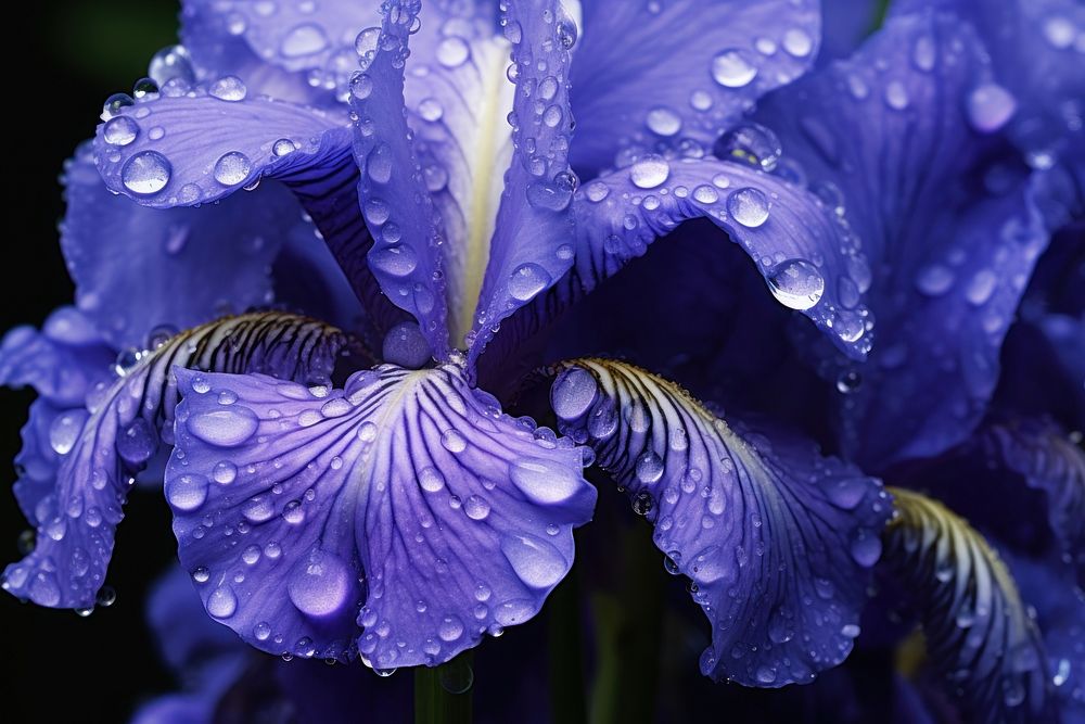 Water droplets on iris flower blossom nature petal.