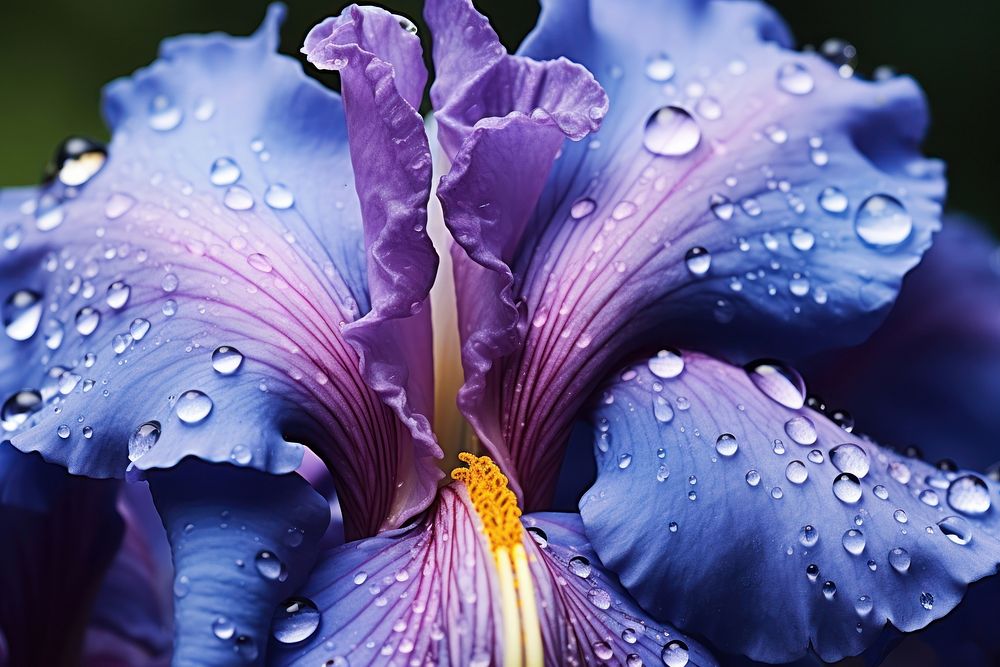 Water droplets on iris flower blossom nature petal.