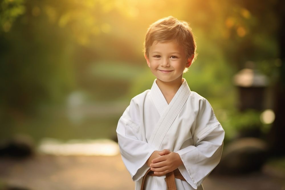 Karate dressed portrait smiling child.