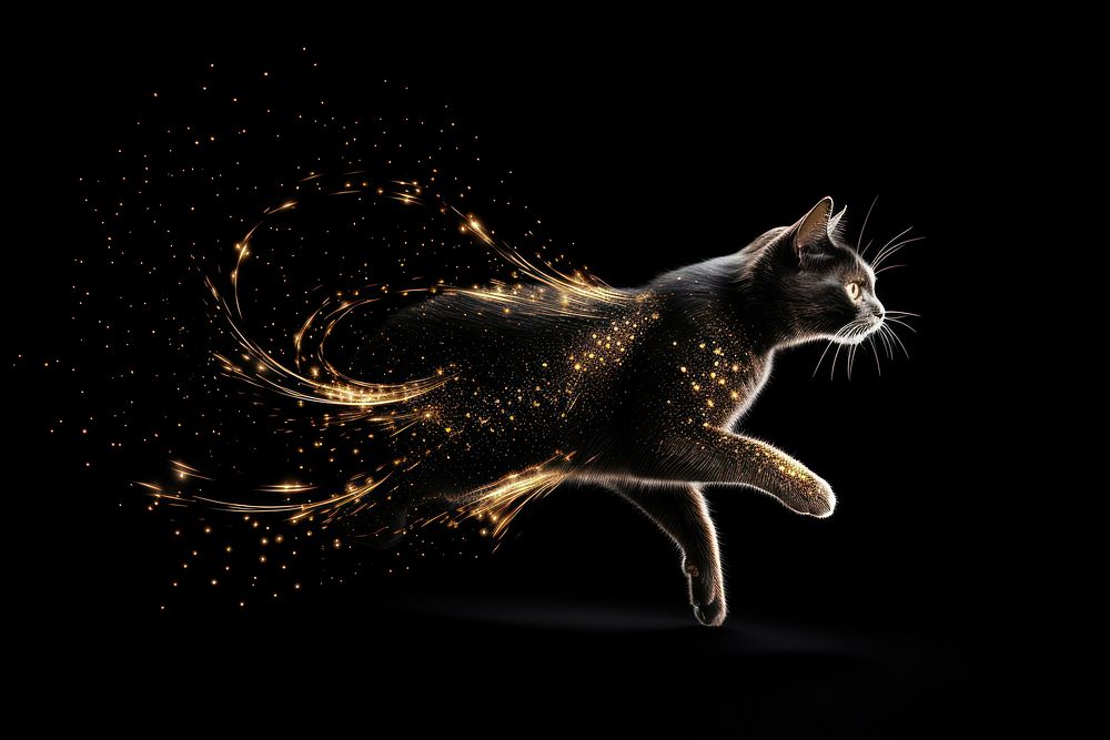 Cat running sparkle light glitter animal mammal black.