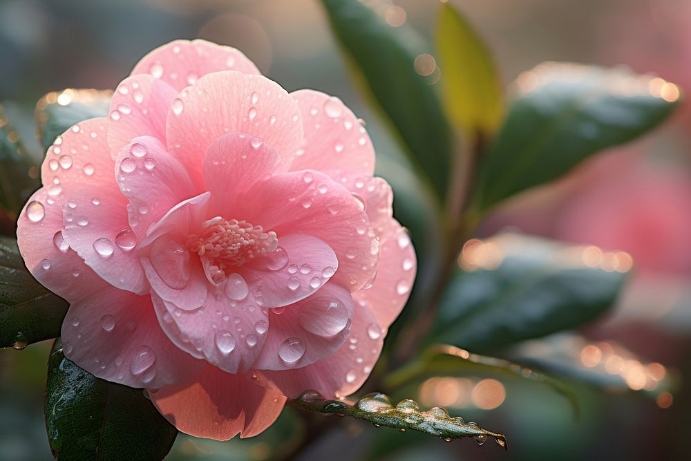 Camellia with dew nature outdoors blossom.