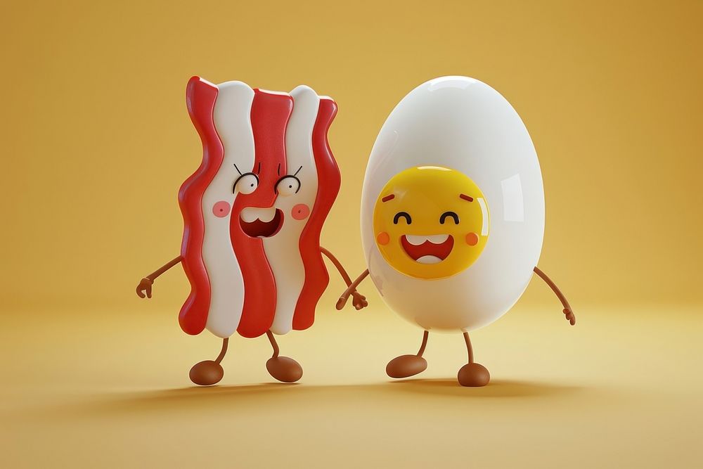3d bacon and fried egg character cartoon food anthropomorphic.