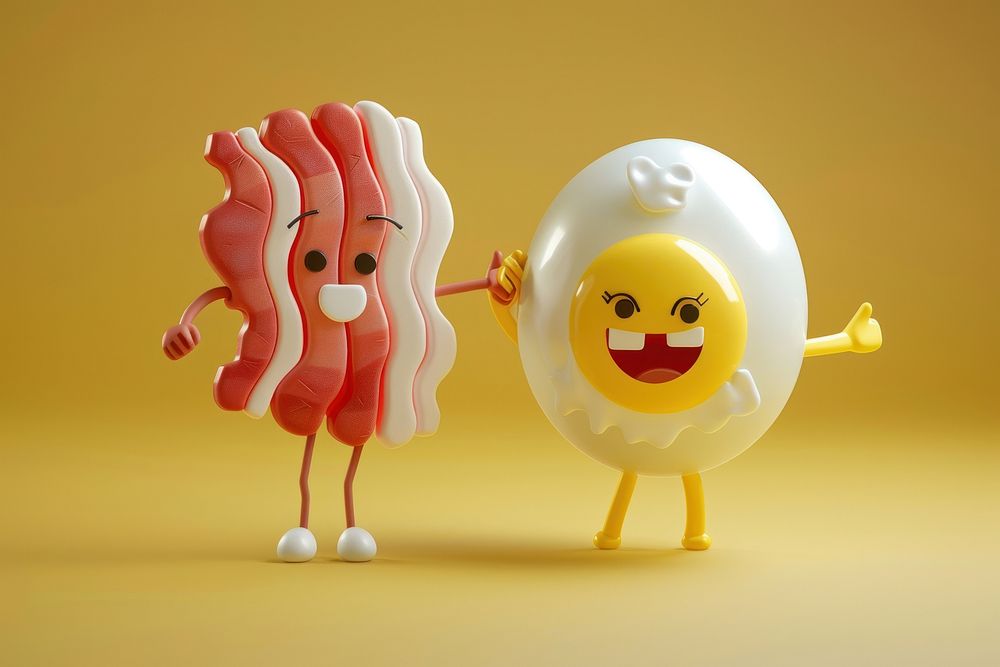 3d bacon and fried egg character cartoon toy anthropomorphic.