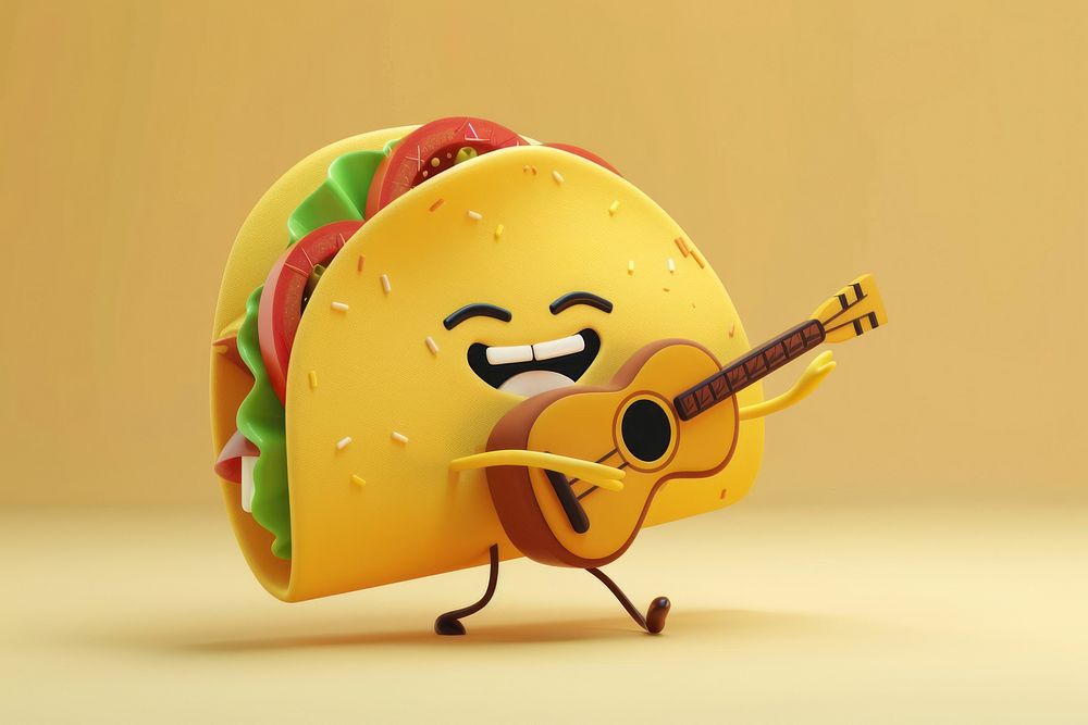 3d taco character cartoon guitar representation.