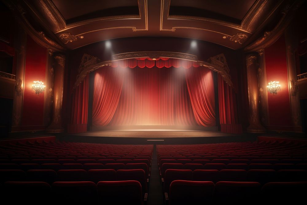 Empty cinema stage auditorium architecture illuminated.