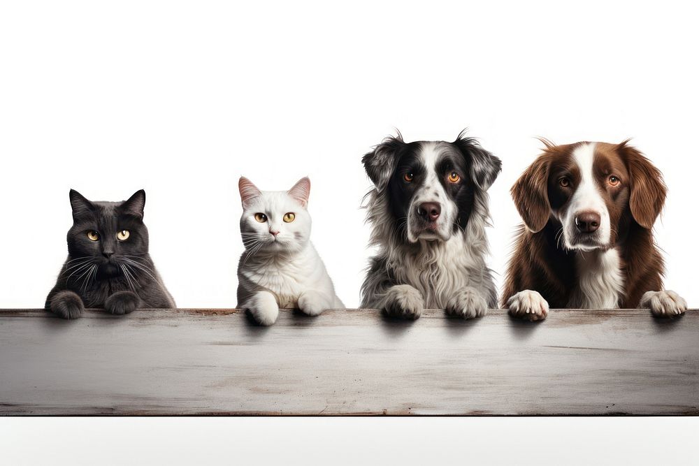 Four cats and a dog look over portrait mammal animal.