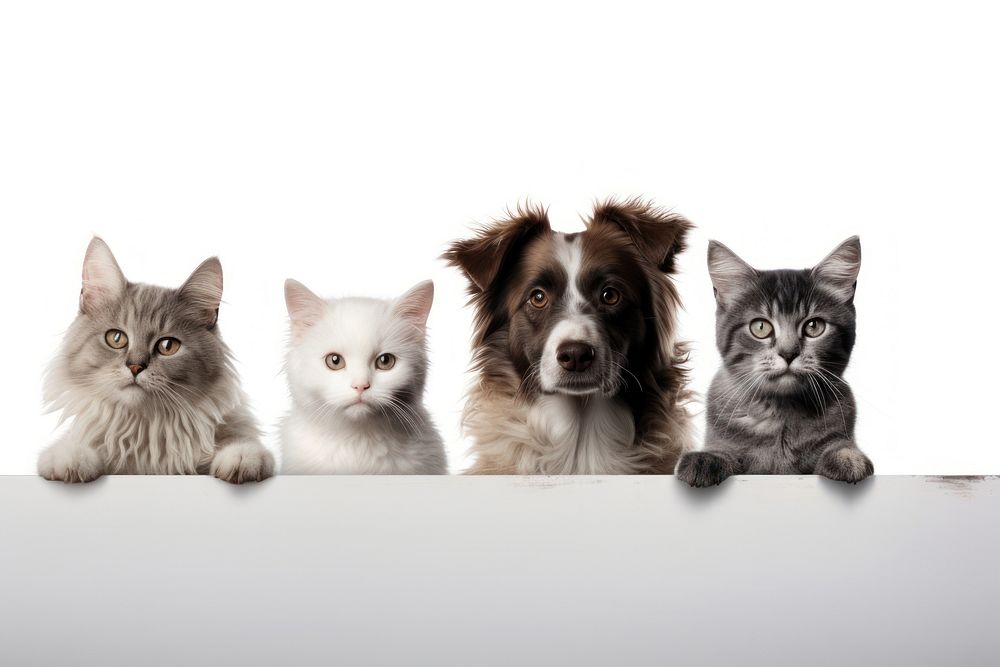 Four cats and a dog look over portrait mammal animal.