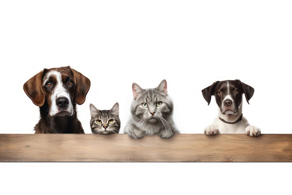 Four cats and a dog look over panoramic portrait mammal.