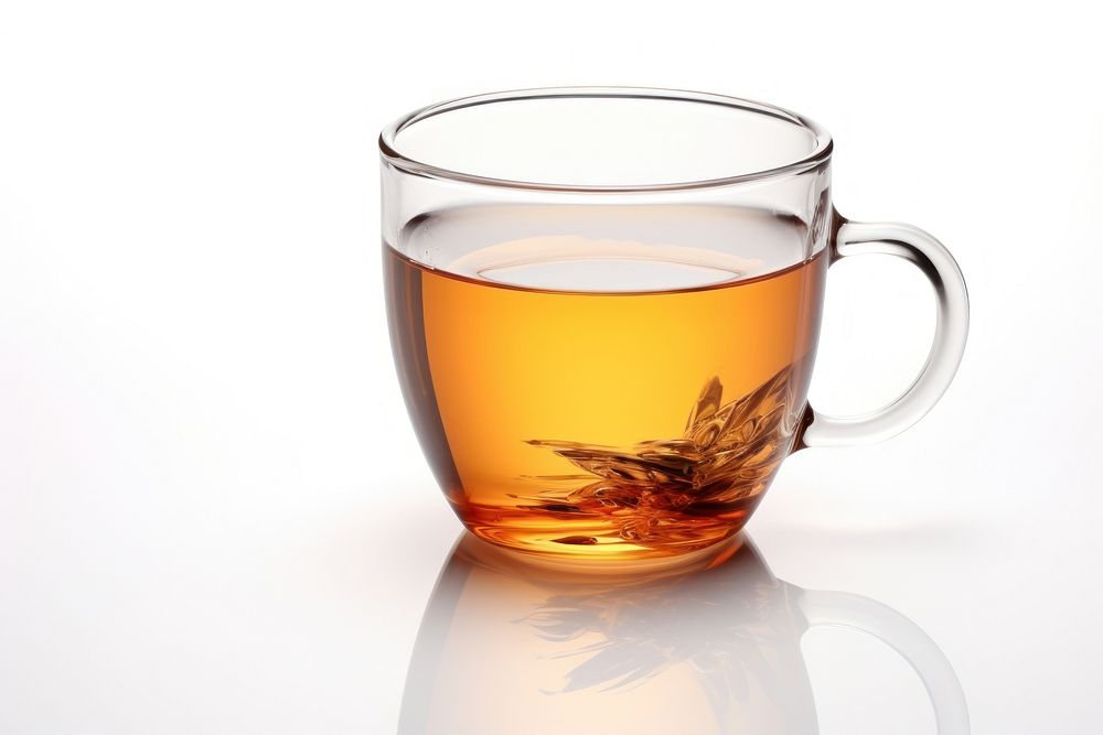 Glass cup of tea drink mug white background.